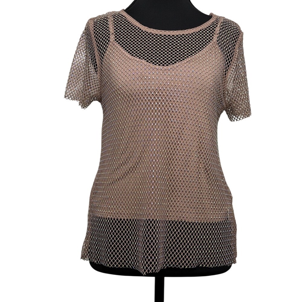 Rachel Zoe Women Rhinestone Mesh Top and Cami Set Taupe Tan Small New
